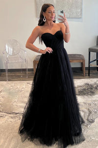Black Strapless Tulle Prom Dresses A Line Formal Dress Ms2508111