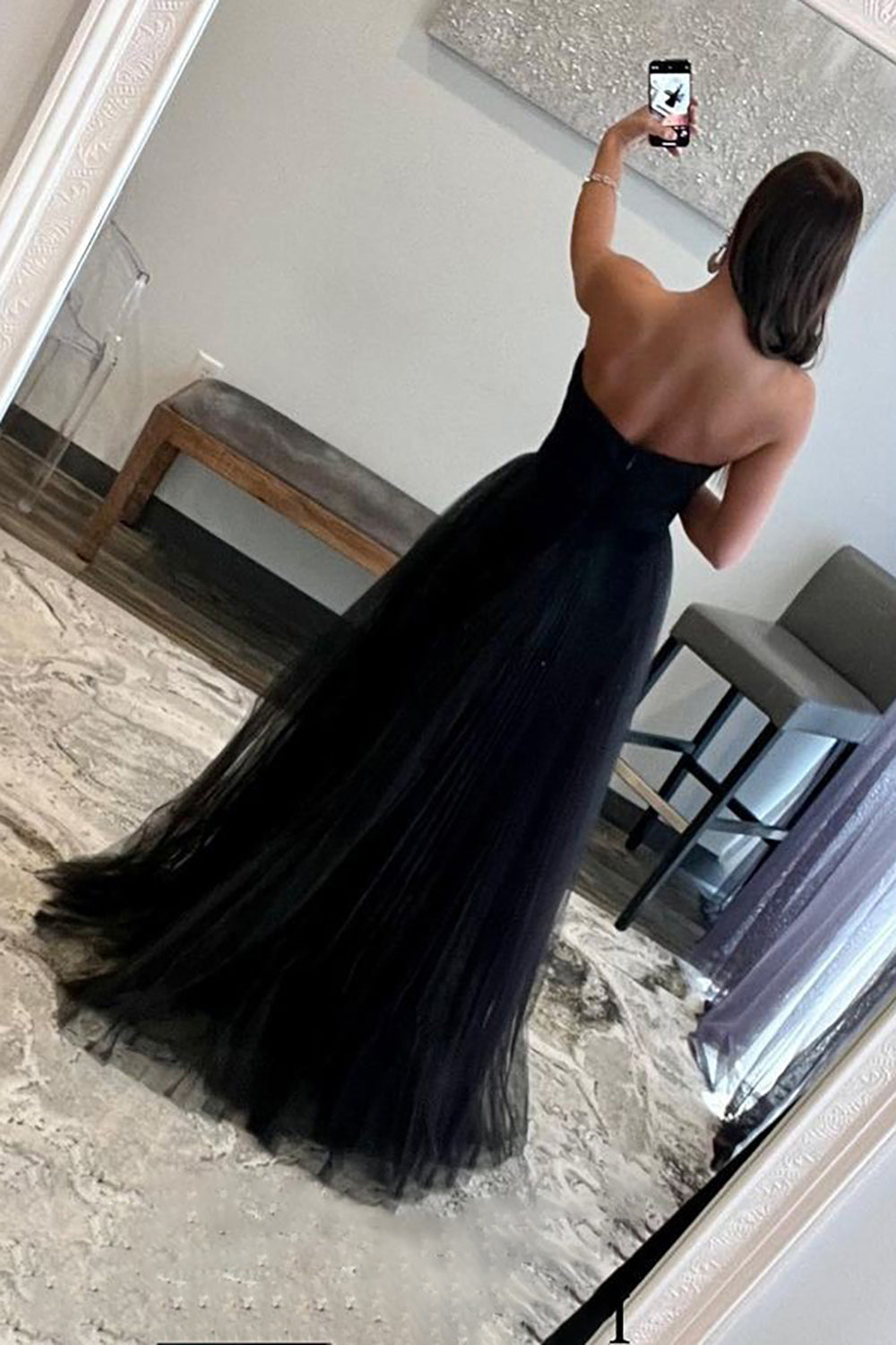 Black Strapless Tulle Prom Dresses A Line Formal Dress Ms2508111