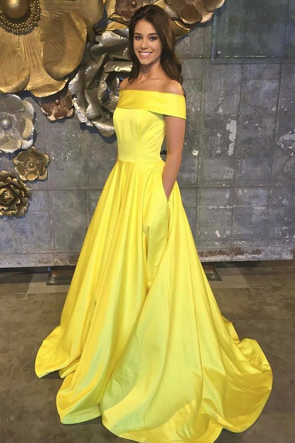 Yellow Off Shoulder Satin Prom Dress with Pockets Evening Gown Ms2509111