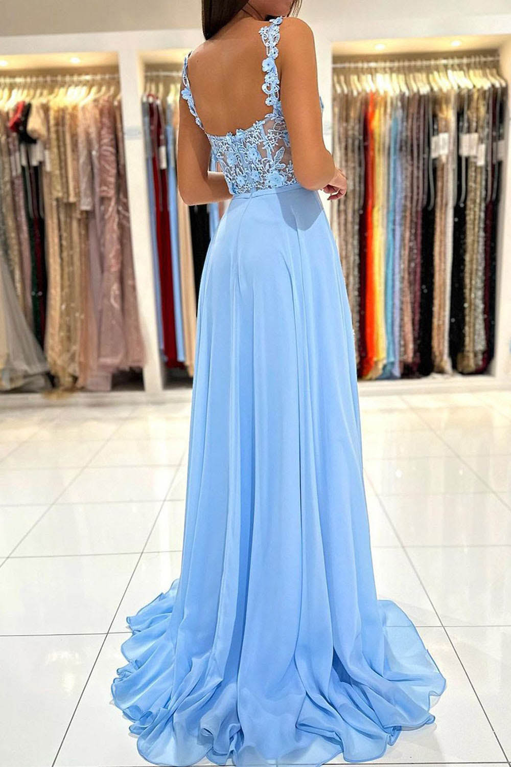 Spaghetti Straps High Slit Party Dress Corset Prom Dress with Appliques Ms2509263