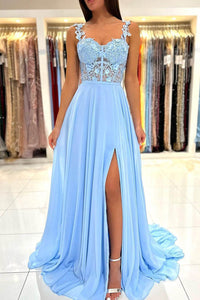 Spaghetti Straps High Slit Party Dress Corset Prom Dress with Appliques Ms2509263