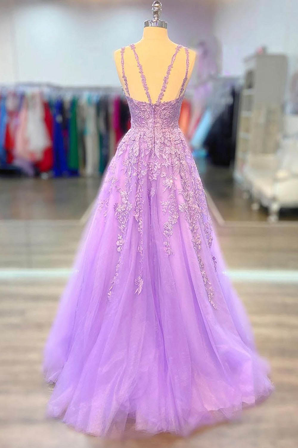 Lace Appliques Tulle Prom Dress A-Line Spaghetti Strap Party Gown Ms2509264