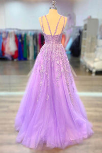 Lace Appliques Tulle Prom Dress A-Line Spaghetti Strap Party Gown Ms2509264