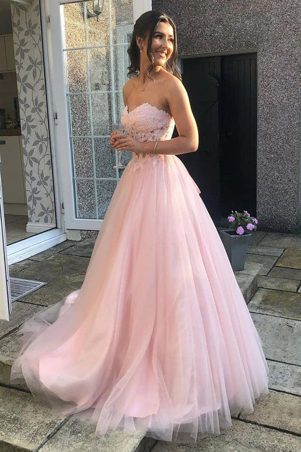 Pink Prom Dress Strapless Lace A Line Tulle Formal Gown Corset Evening Dress Ms2607282