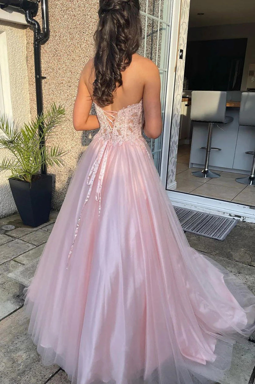 Pink Prom Dress Strapless Lace A Line Tulle Formal Gown Corset Evening Dress Ms2607282