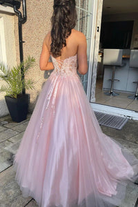 Pink Prom Dress Strapless Lace A Line Tulle Formal Gown Corset Evening Dress Ms2607282