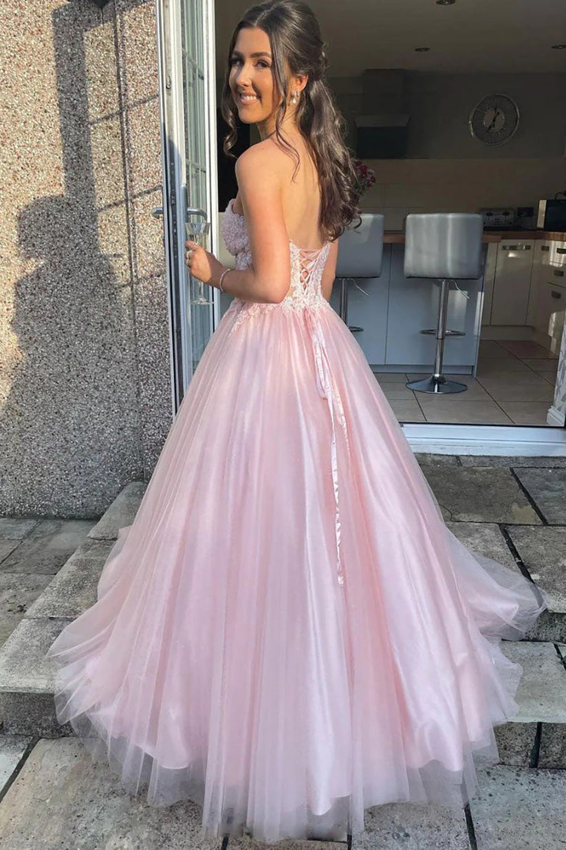 Pink Prom Dress Strapless Lace A Line Tulle Formal Gown Corset Evening Dress Ms2607282