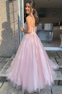 Pink Prom Dress Strapless Lace A Line Tulle Formal Gown Corset Evening Dress Ms2607282