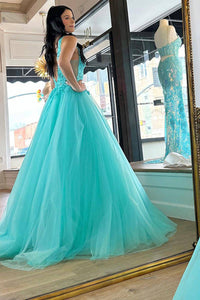 Turquoise V Neck Lace Applique Prom Dress Tulle Formal Evening Gown Ms2511081