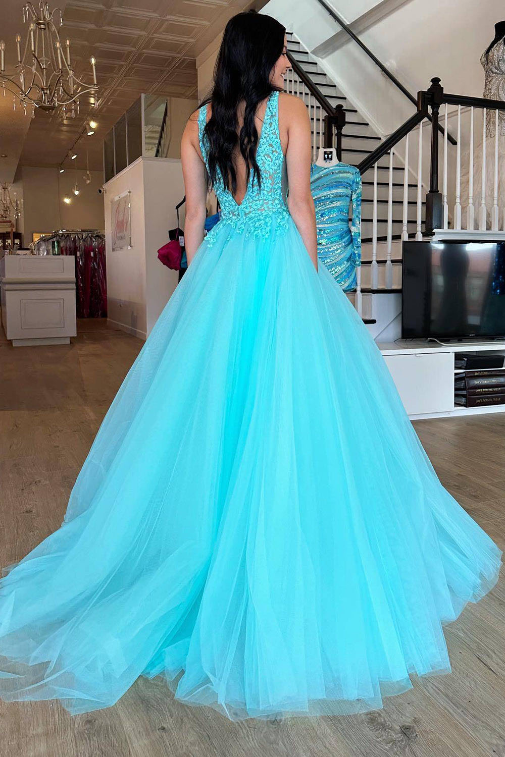 Turquoise V Neck Lace Applique Prom Dress Tulle Formal Evening Gown Ms2511081