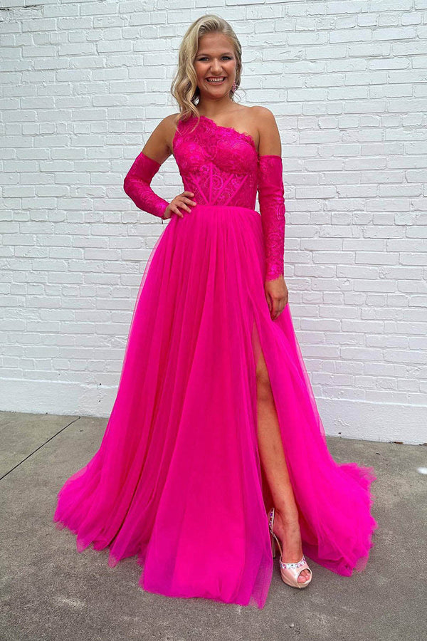 Fuchsia One Shoulder Prom Dresses Lace Tulle Corset Slit Party Dress Ms2511011