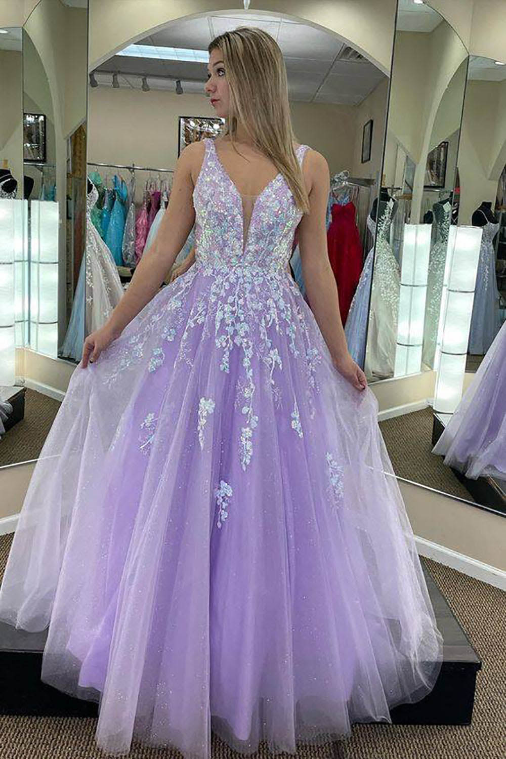 open lace back dress Strapless Floral Satin Ball Gown with Overskirt – Style 25338 Lavender / 2 main image 0