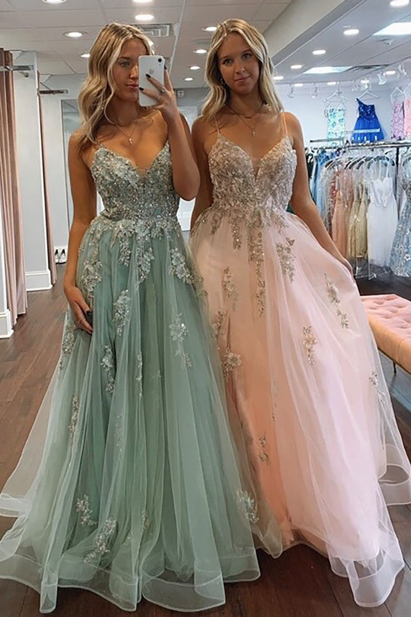 Embroidered Lace Prom Dress Sage Tulle Deep V Backless Princess Evening Gown MS2507192