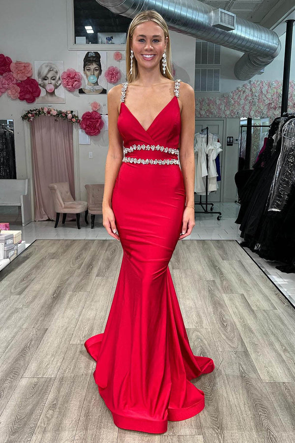 Red Crystal Strap Mermaid Prom Dress V Neck Satin Evening Gown Ms12511295
