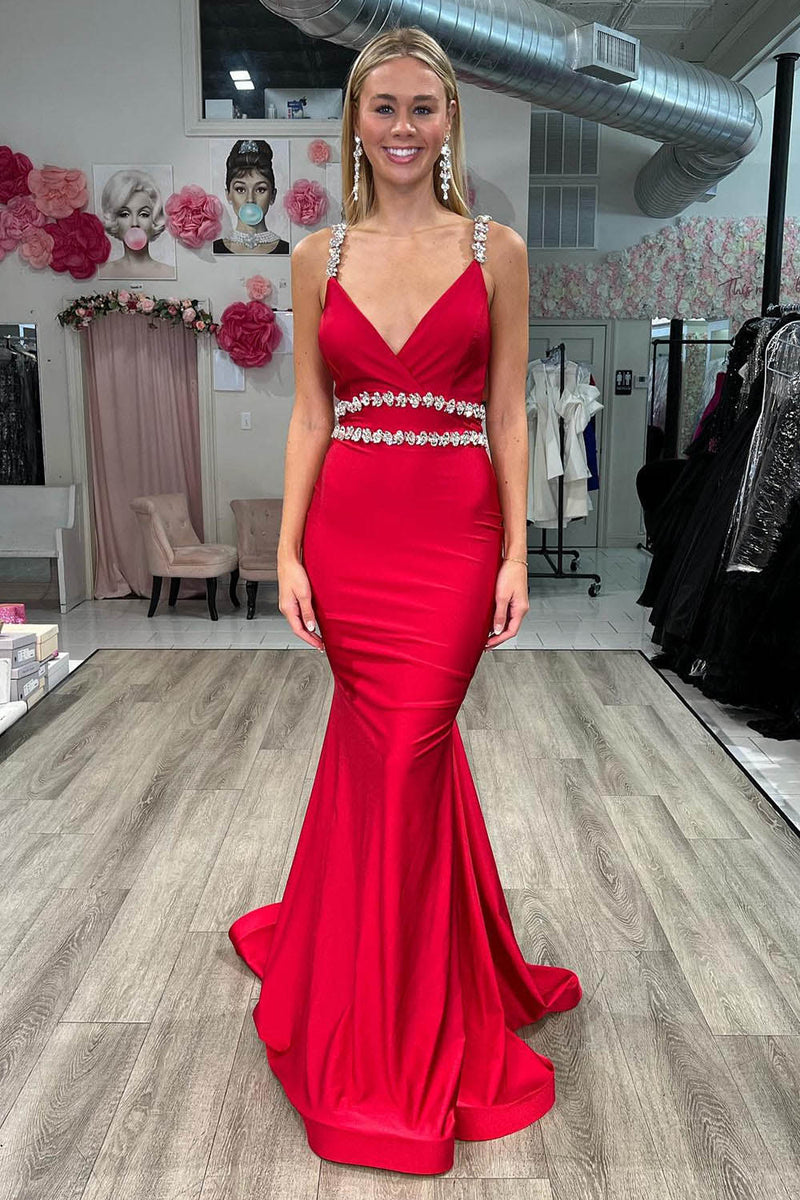 Red Crystal Strap Mermaid Prom Dress V Neck Satin Evening Gown Ms12511295