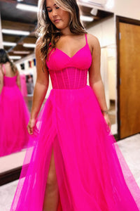 Spaghetti Strap Tulle Prom Dress Corset High Slit Evening Gown Ms2509261