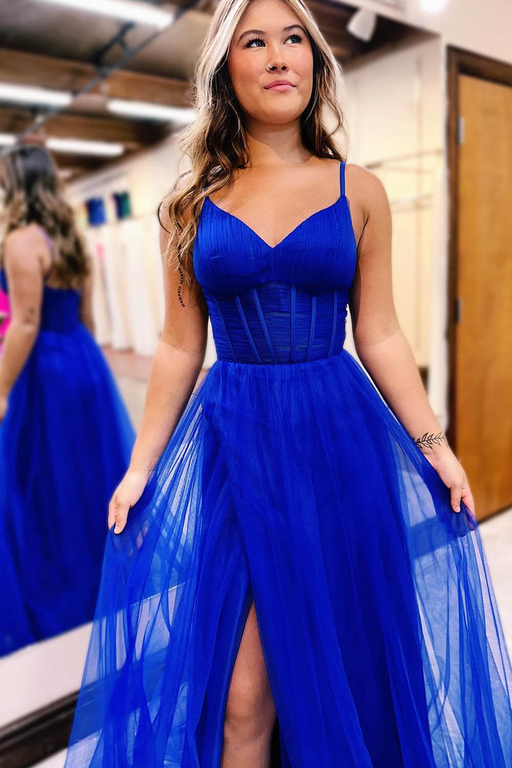 Spaghetti Strap Tulle Prom Dress Corset High Slit Evening Gown Ms2509261