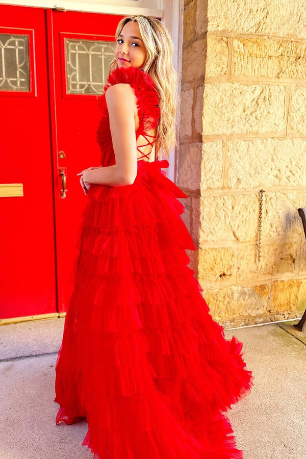 Red Tiered High Slit Prom Dress Sleeveless Corset Evening Dress Ms2511171