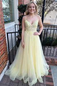 Yellow Tulle Lace-Up Appliques A-Line Prom Dress with Spaghetti Straps Ms2511082