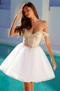 Off Shoulder Beaded Tulle Homecoming Dress Corset A Line Short Prom Dress Ms2610222