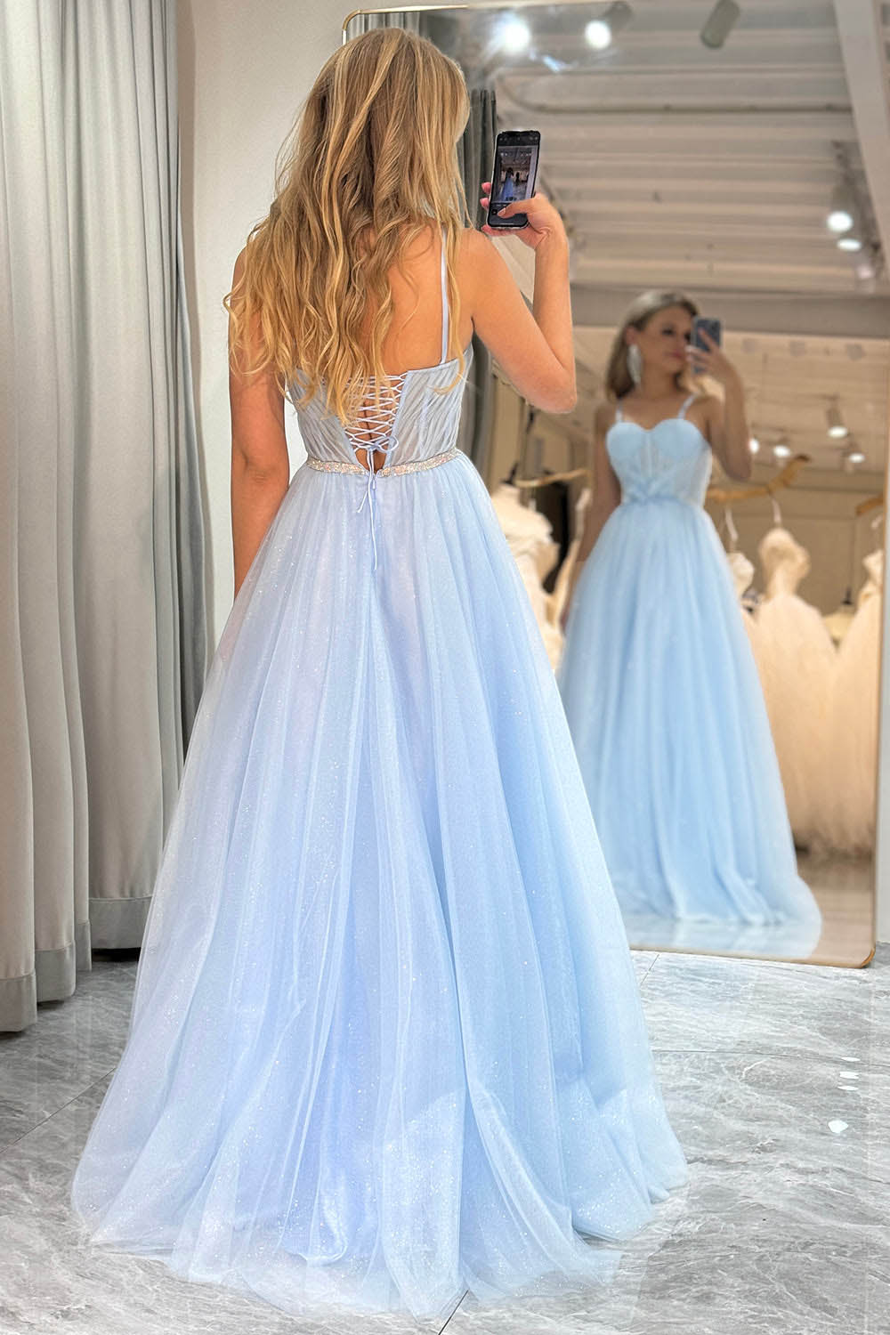Light Blue Corset Tulle A-Line Prom Dress with Lace-Up Ms251051
