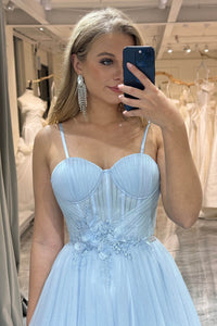 Light Blue Corset Tulle A-Line Prom Dress with Lace-Up Ms251051