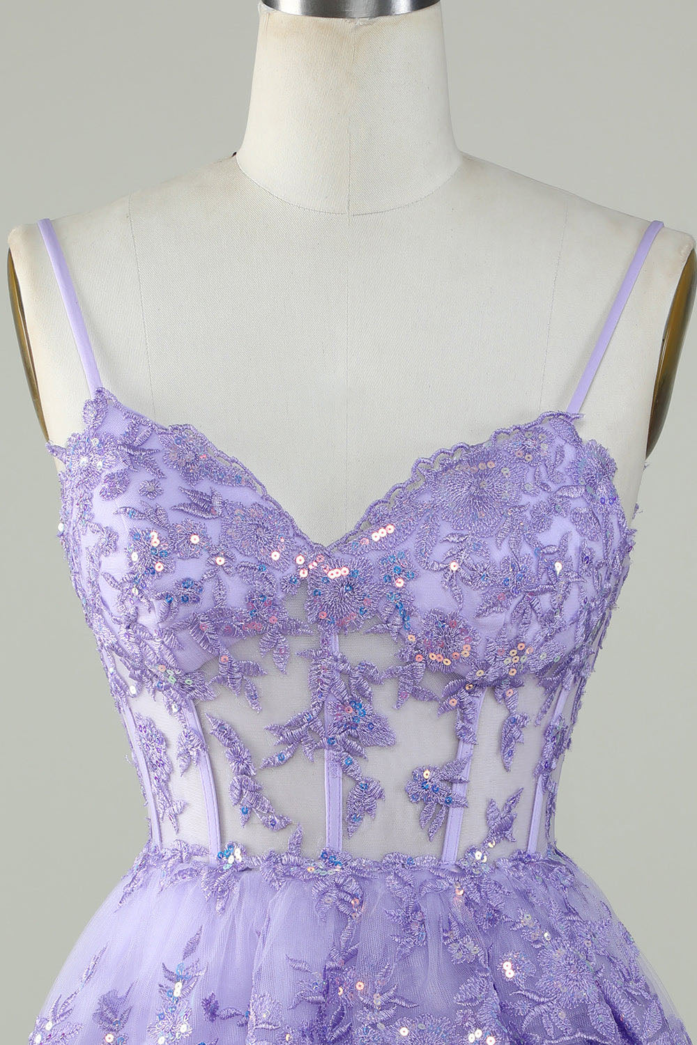 Lavender Sequin Lace Tiered Mini Prom Dress Corset Party Dress Ms2508091