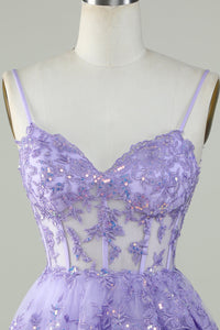 Lavender Sequin Lace Tiered Mini Prom Dress Corset Party Dress Ms2508091