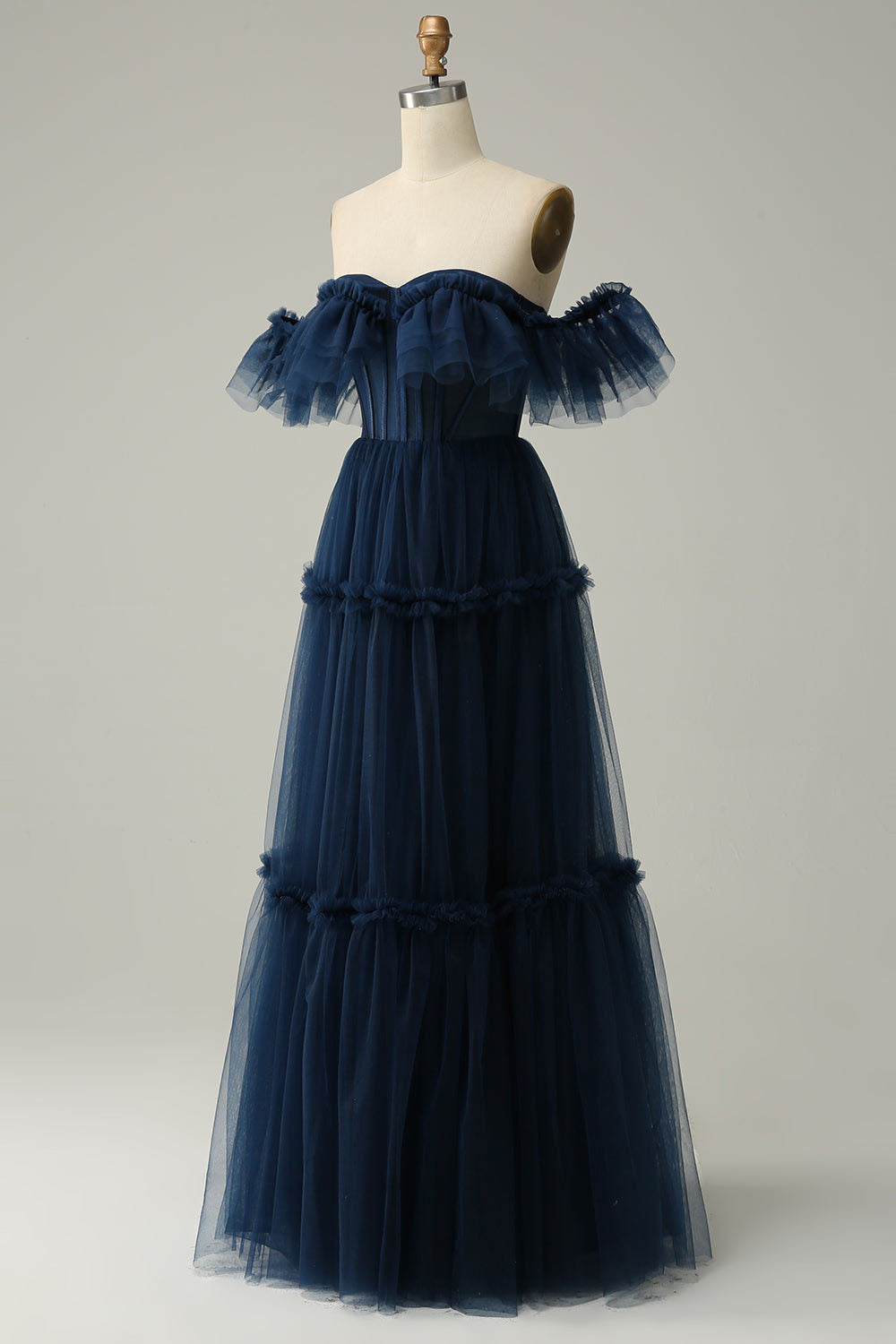 Navy Blue Off Shoulder Tulle Tiered Prom Dress Corset Evening Dress Ms –  Msikoods Official Store