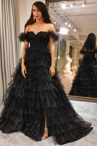 Off Shoulder Tulle Prom Dress High Slit Layered Sparkle Evening Dress Ms251064