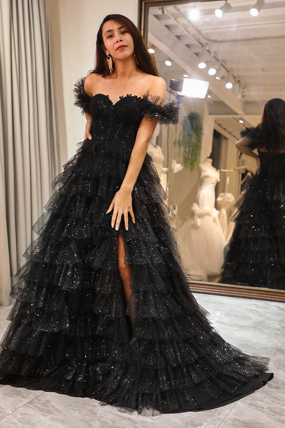 Off Shoulder Tulle Prom Dress High Slit Layered Sparkle Evening Dress Ms251064