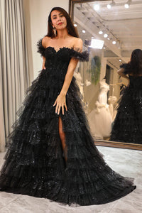 Off Shoulder Tulle Prom Dress High Slit Layered Sparkle Evening Dress Ms251064