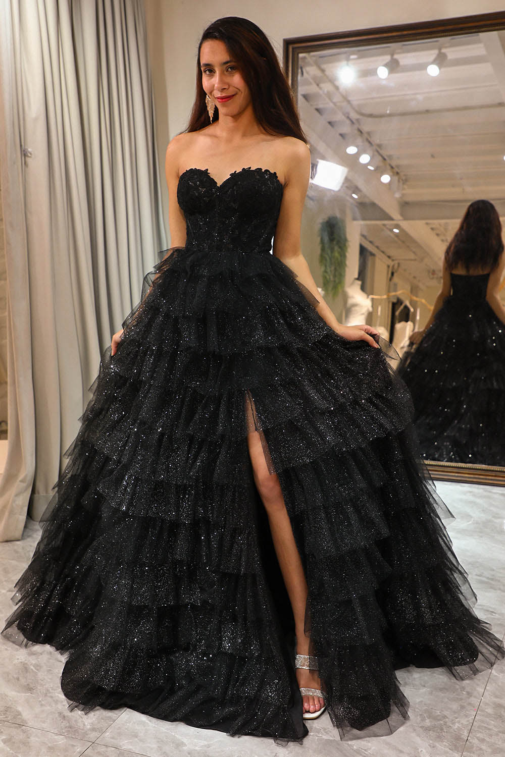Off Shoulder Tulle Prom Dress High Slit Layered Sparkle Evening Dress Ms251064