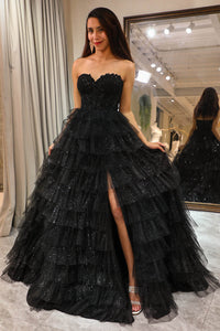 Off Shoulder Tulle Prom Dress High Slit Layered Sparkle Evening Dress Ms251064