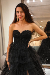 Off Shoulder Tulle Prom Dress High Slit Layered Sparkle Evening Dress Ms251064