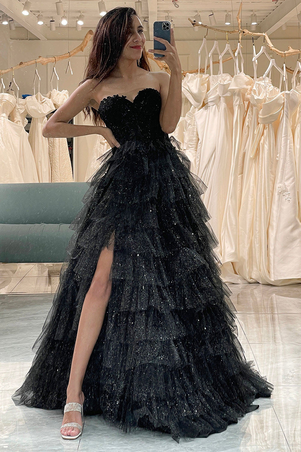 Ballkleid mit tiefem Ausschnitt und Spaghettiträgern, A-Linie, Tüll, Abendkleid, langes formelles Kleid für Damen