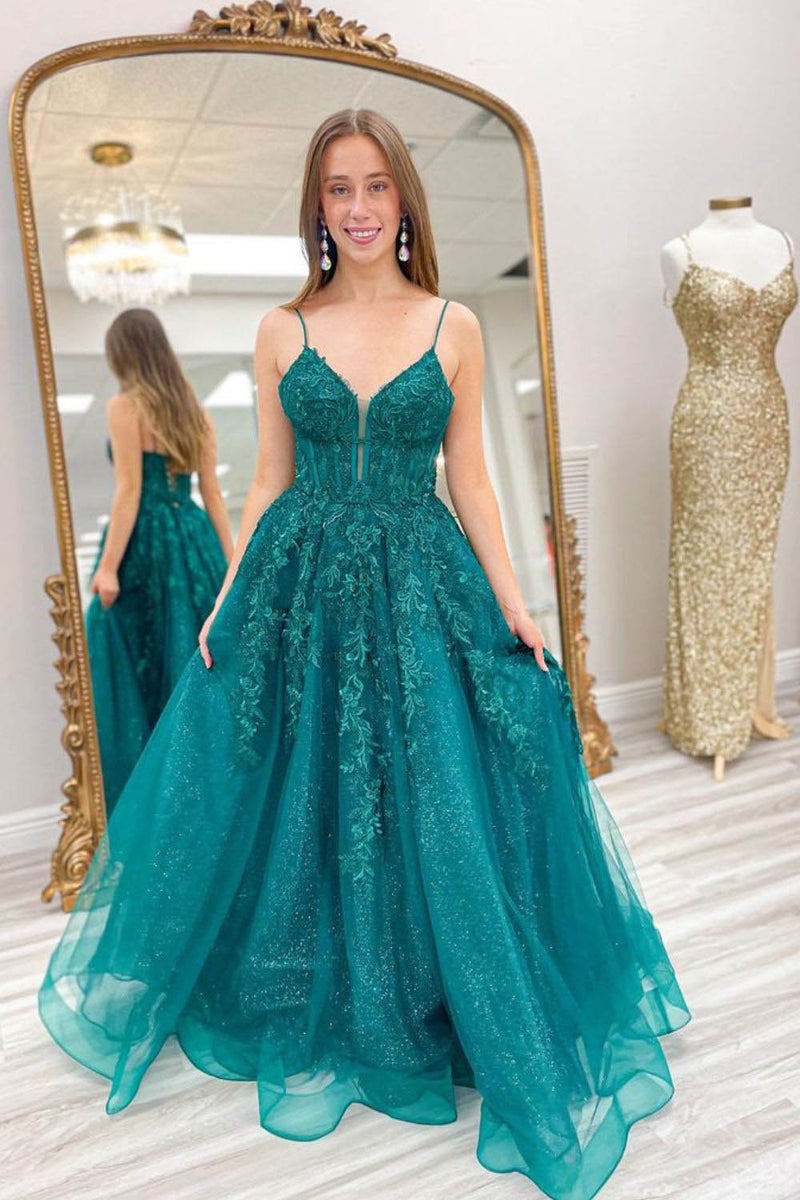A-Line Prom Dress Lace Appliques Spaghetti Strap Sparkly Evening Dress Ms2509214