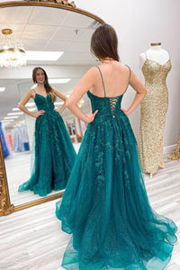 A-Line Prom Dress Lace Appliques Spaghetti Strap Sparkly Evening Dress Ms2509214