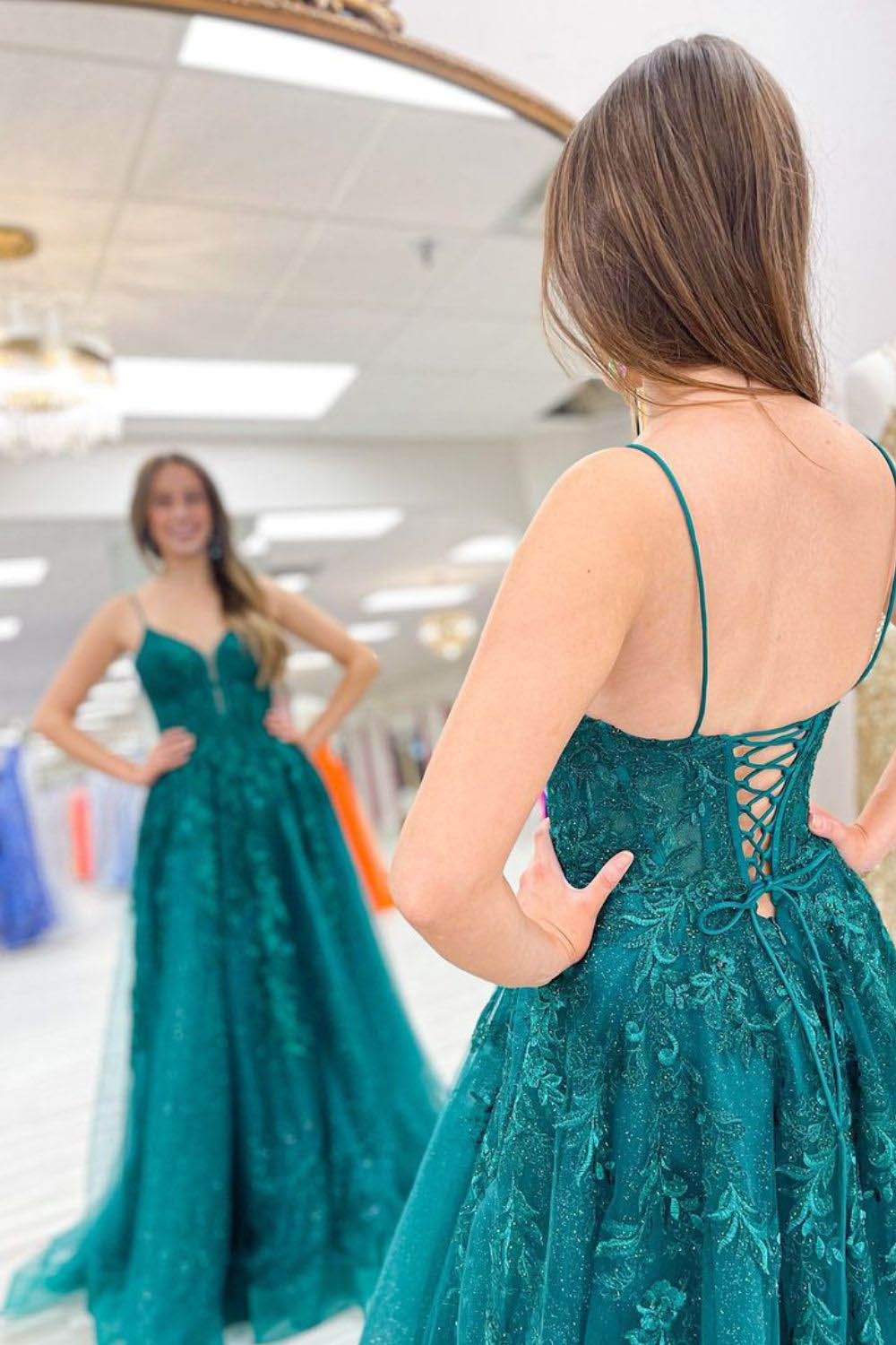A-Line Prom Dress Lace Appliques Spaghetti Strap Sparkly Evening Dress Ms2509214
