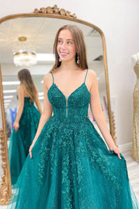 A-Line Prom Dress Lace Appliques Spaghetti Strap Sparkly Evening Dress Ms2509214
