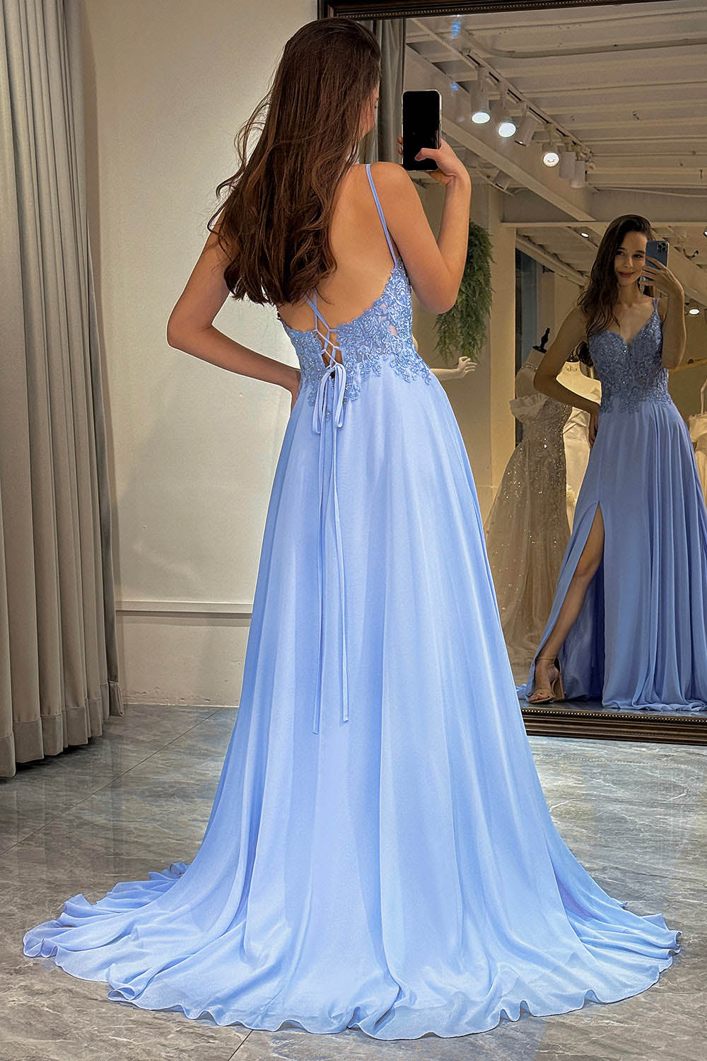 A-Line Prom Dress Lace Appliqué Spaghetti Straps Slit Evening Gown Ms2510062