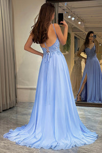 A-Line Prom Dress Lace Appliqué Spaghetti Straps Slit Evening Gown Ms2510062
