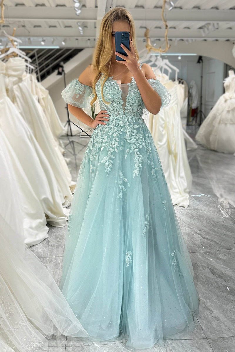 Mint Green A-Line Evening Dress Puff Sleeves Lace Appliqués Prom Dress Ms2511292