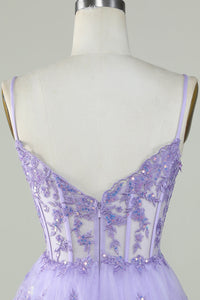 Lavender Sequin Lace Tiered Mini Prom Dress Corset Party Dress Ms2508091