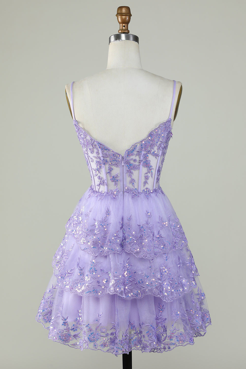 Lavender Sequin Lace Tiered Mini Prom Dress Corset Party Dress Ms2508091