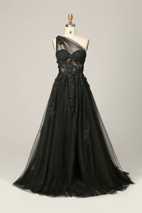 One Shoulder Slit Sparkly Prom Dress Flower Formal Evening Dress Ms2508095