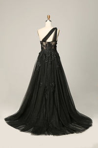 One Shoulder Slit Sparkly Prom Dress Flower Formal Evening Dress Ms2508095