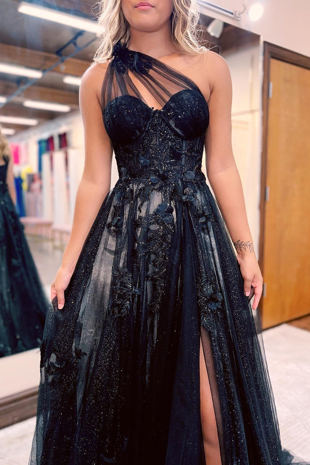 One Shoulder Slit Sparkly Prom Dress Flower Formal Evening Dress Ms2508095