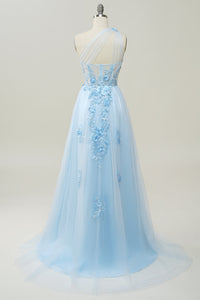 One Shoulder Slit Sparkly Prom Dress Flower Formal Evening Dress Ms2508095