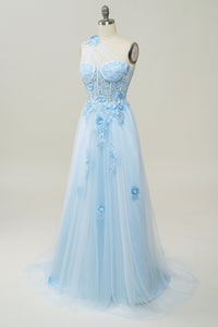 One Shoulder Slit Sparkly Prom Dress Flower Formal Evening Dress Ms2508095